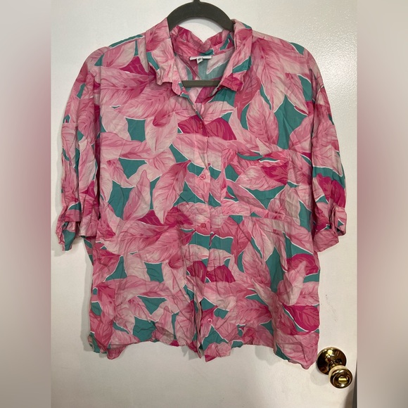 crown & ivy Tops - crown & ivy Pink and Teal Leaf Print Button-Up Blouse